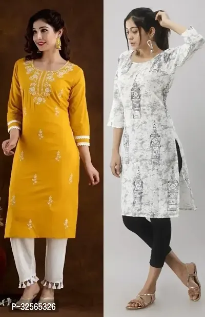 Stylish Multicoloured Cotton Blend Embroidered Kurta For Women Pack Of 2-thumb0