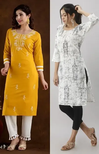 Stylish Cotton Blend Straight Embroidered Kurtis - Pack Of 2