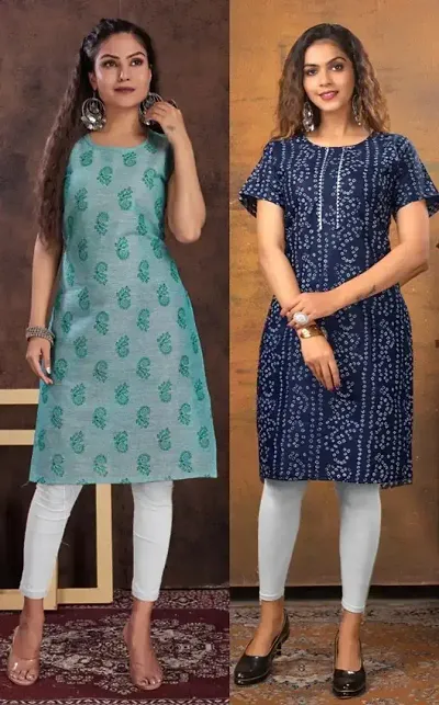 Stylish Cotton Blend Printed Straight Kurtis - Pack Of 2