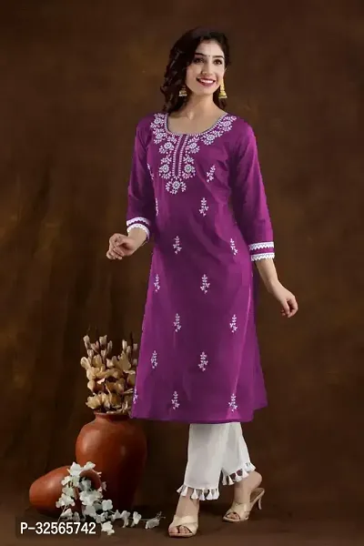 Stylish Purple Cotton Blend Embroidered Kurta For Women-thumb0