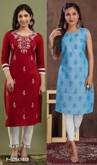 Elegant Cotton Blend Embroidered Kurta For Women- Pack Of 2