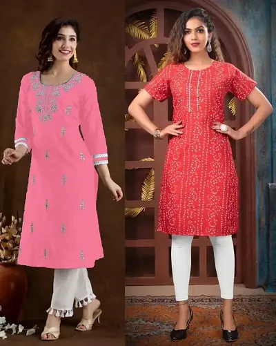 Stylish Cotton Blend Embroidered A-Line Kurtis - Pack Of 2