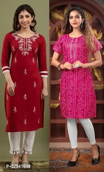 Elegant Cotton Blend Embroidered Kurta For Women- Pack Of 2-thumb0