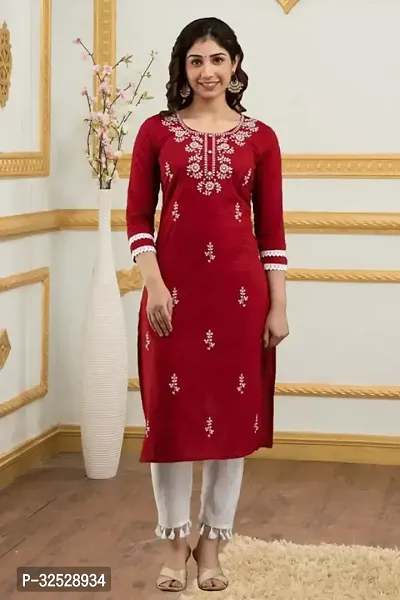 Stylish Red Cotton Blend Kurta For Women-thumb0