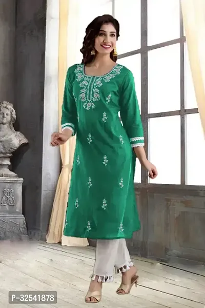 Elegant Cotton Blend Embroidered Kurta For Women-thumb0