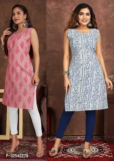 Elegant Cotton Blend Printed Kurta For Women- Pack Of 2-thumb0