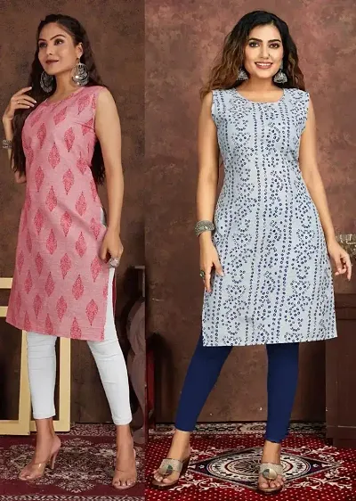 Stylish Cotton Blend Printed Straight Kurtis - Pack Of 2