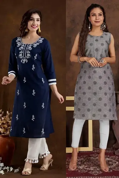 Stylish Cotton Blend Straight Embroidered Kurtis - Pack Of 2