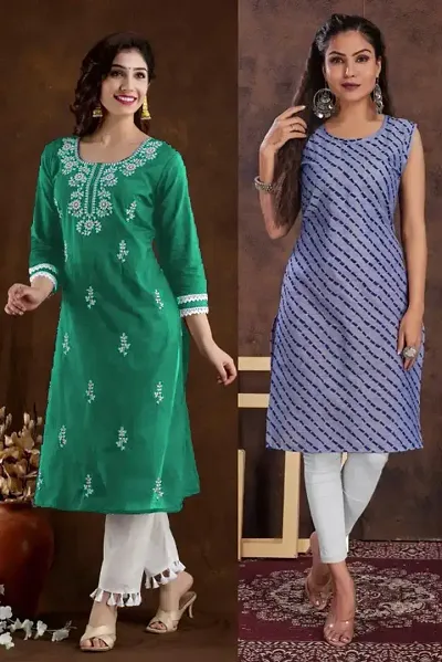 Stylish Cotton Blend Embroidered Straight Kurtis - Pack Of 2