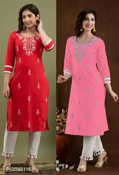 Stylish Multicoloured Cotton Blend Embroidered Kurta For Women Pack Of 2