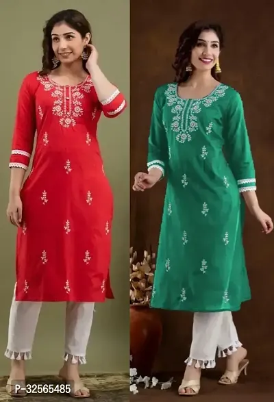 Stylish Multicoloured Cotton Blend Embroidered Kurta For Women Pack Of 2