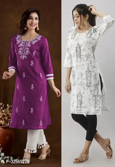 Stylish Multicoloured Cotton Blend Embroidered Kurta For Women Pack Of 2-thumb0