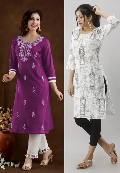 Stylish Cotton Blend Straight Embroidered Kurtis - Pack Of 2