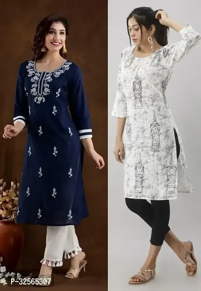 Stylish Multicoloured Cotton Blend Embroidered Kurta For Women Pack Of 2