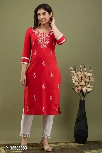 Stylish Red Cotton Blend Kurta For Women-thumb0