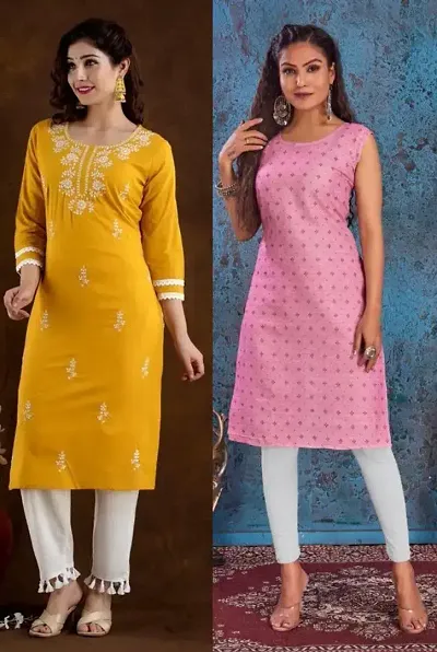 Stylish Cotton Blend Embroidered Straight Kurtis - Pack Of 2