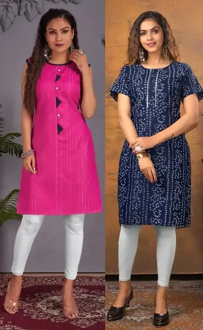 Stylish Cotton Blend Printed Straight Kurtis - Pack Of 2