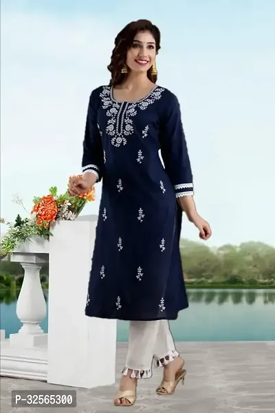 Stylish Navy Blue Cotton Blend Embroidered Kurta For Women