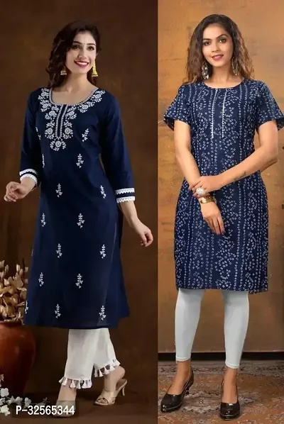 Stylish Multicoloured Cotton Blend Embroidered Kurta For Women Pack Of 2-thumb0