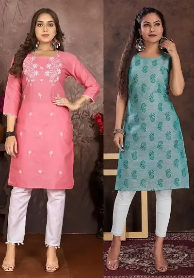 Stylish Cotton Blend Embroidered Straight Kurtis - Pack Of 2