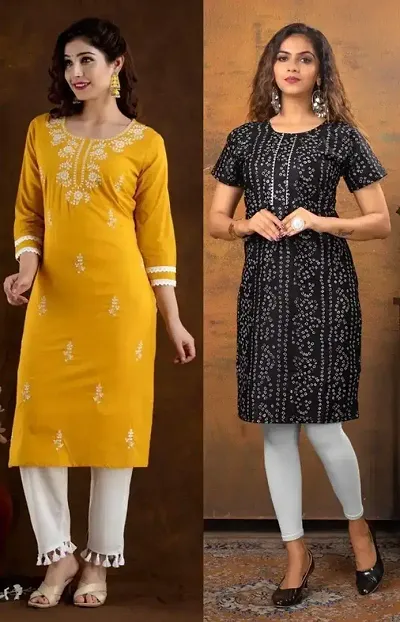 Stylish Cotton Blend Embroidered A-Line Kurtis - Pack Of 2