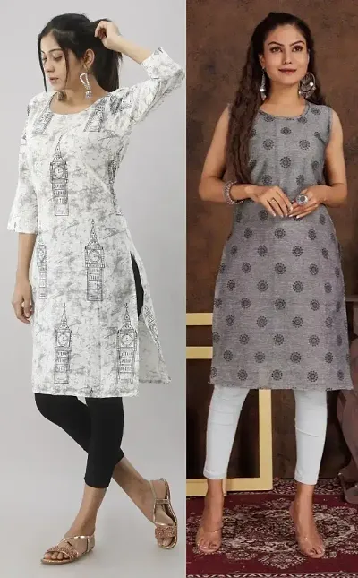 Stylish Cotton Blend Printed Straight Kurtis - Pack Of 2