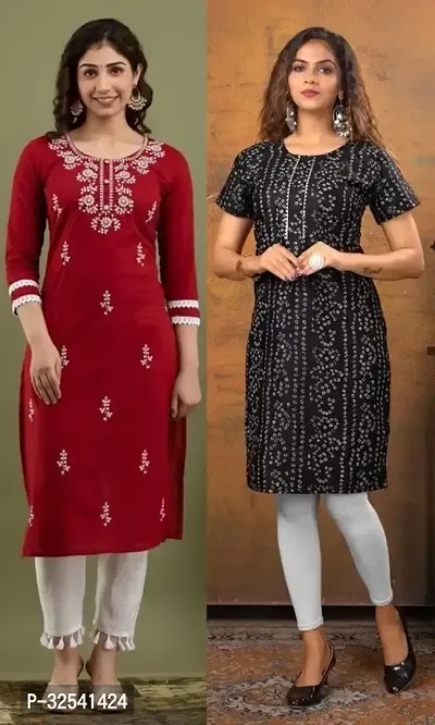 Elegant Cotton Blend Embroidered Kurta For Women- Pack Of 2