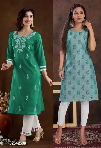 Elegant Cotton Blend Embroidered Kurta For Women- Pack Of 2-thumb0