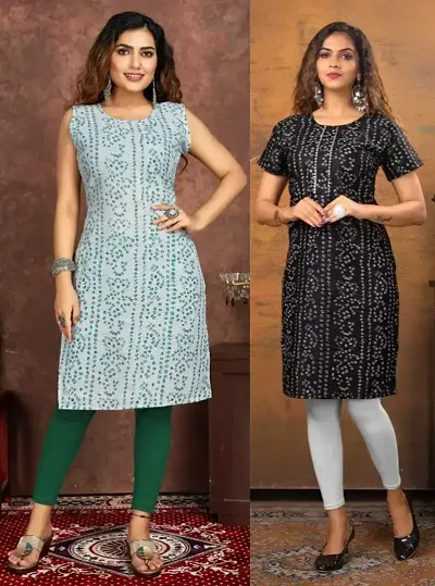 Stylish Cotton Blend Printed Straight Kurtis - Pack Of 2