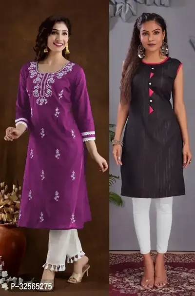 Stylish Multicoloured Cotton Blend Embroidered Kurta For Women Pack Of 2