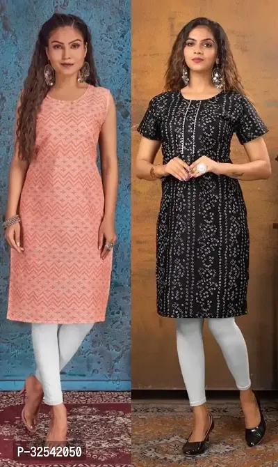 Elegant Cotton Blend Printed Kurta For Women- Pack Of 2-thumb0