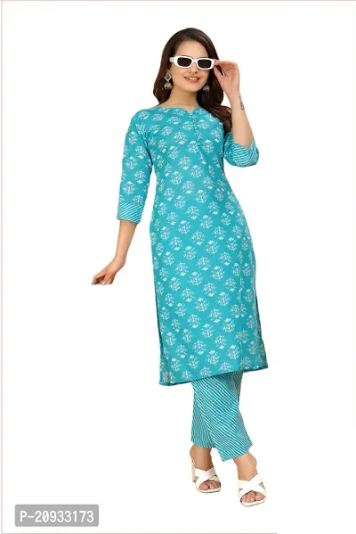 Stylish Blue Cotton Blend Printed Kurta Bottom Set For Women