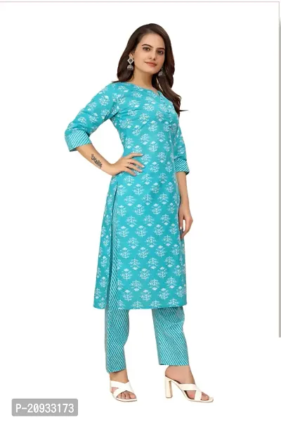 Stylish Blue Cotton Blend Printed Kurta Bottom Set For Women-thumb4