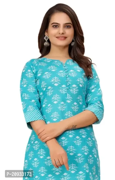 Stylish Blue Cotton Blend Printed Kurta Bottom Set For Women-thumb3