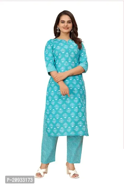 Stylish Blue Cotton Blend Printed Kurta Bottom Set For Women-thumb2