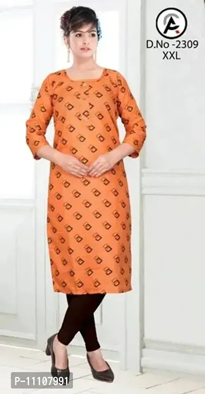 Stylish Cotton Orange Printed 3/4 Sleeves Kurta For Women