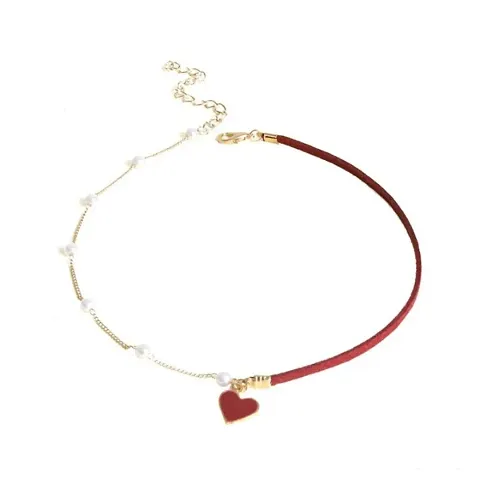 AURUM JEWELS Stylish Heart Choker Necklace | Neckpiece for Women and Girls Asymmetrical Fashion Pearl Heart Chain Choker Female Love Pendant Choker Faux Pearl Decor Choker (DESIGN 65R)