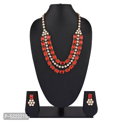 Crystal Stone Trendy Necklace Set With Earring - Red-thumb2
