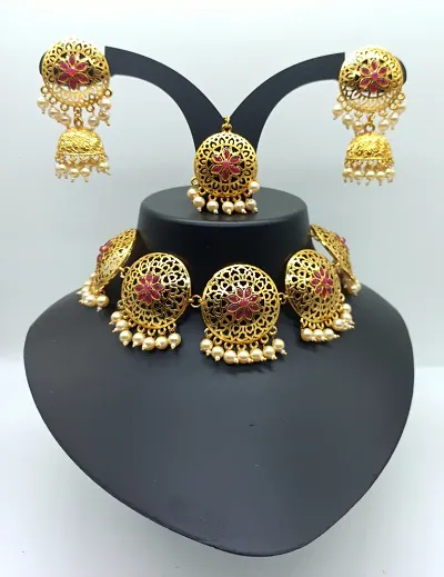 Trendy Gold Plated Alloy Necklace With Earrings And Maang Tikka Set