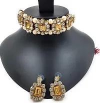 Shimmering Golden Stones And Pearl Choker Necklace With Matching Earrings And Maang Tikka Set For Women-thumb1
