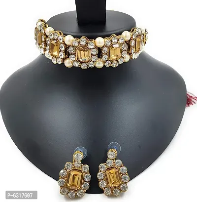 Shimmering Golden Stones And Pearl Choker Necklace With Matching Earrings And Maang Tikka Set For Women-thumb2