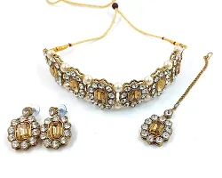 Shimmering Golden Stones And Pearl Choker Necklace With Matching Earrings And Maang Tikka Set For Women-thumb2