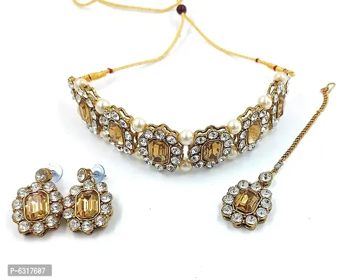 Shimmering Golden Stones And Pearl Choker Necklace With Matching Earrings And Maang Tikka Set For Women-thumb3