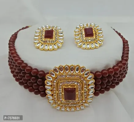 Stylish Maroon Necklace Set With Earrings For Women-thumb0