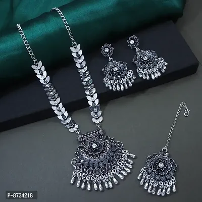 Stylish Silver Plated Alloy Necklace with Earrings And Maang Tikka For Women-thumb0