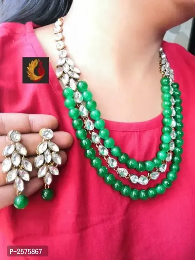 Kundan Coloured Beads Necklace with Earrings-thumb0