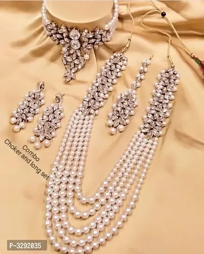 Pearl Choker with Long Necklace Set with Maangtikka