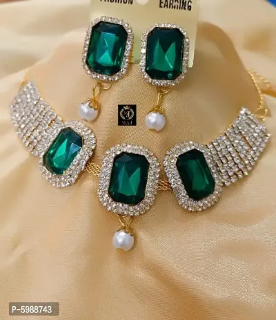 Shimmering Green Alloy Oxidized Necklace And Earrings Set for Women