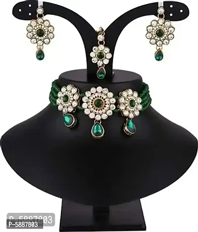 Elegant Green Alloy Pearl And Artificial Stones Jewellery Set(Earrings, Mangtikka,Chokker)