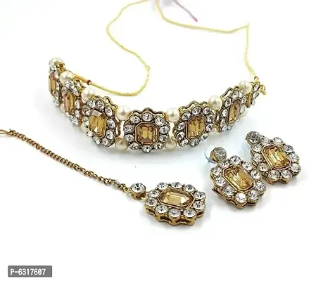 Shimmering Golden Stones And Pearl Choker Necklace With Matching Earrings And Maang Tikka Set For Women-thumb4